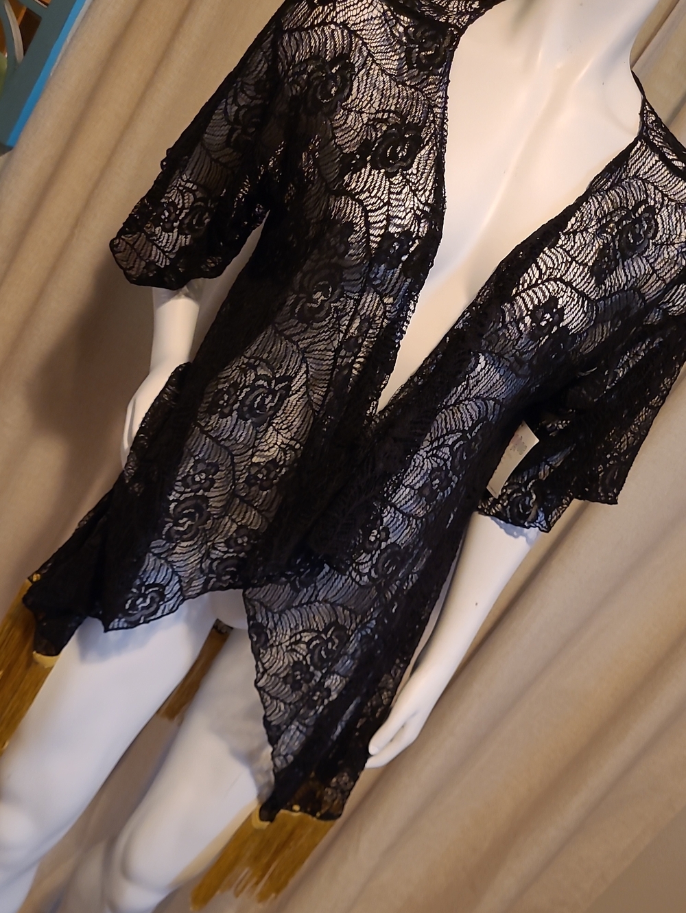 LuLaRoe Black Sheer Lace Kimono Robe with Gold Fringe